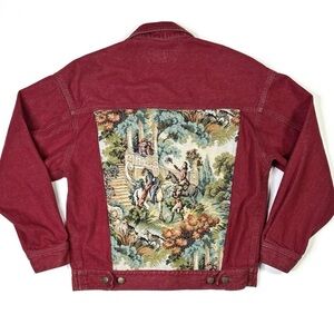 Chaus Denim Jacket Women’s Small Romeo & Juliet Upholstery Tapestry Red Jean